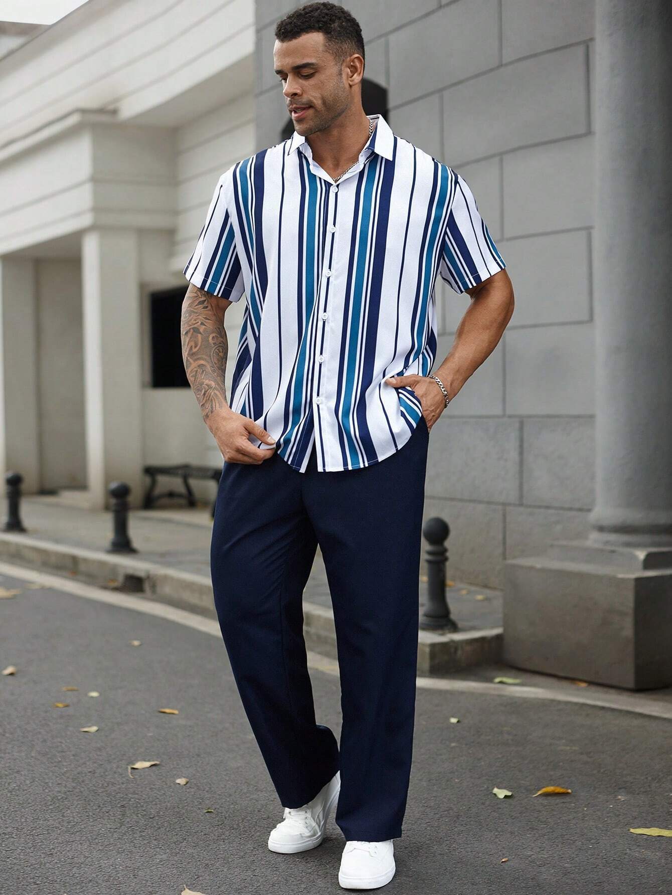 Casual Fashion Striped Short Sleeve Shirt Trousers Suit