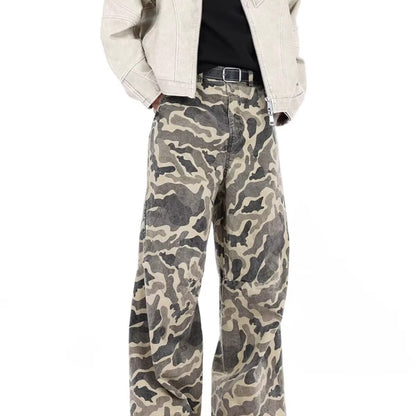 Washed Pleated Camouflage Workwear Jeans