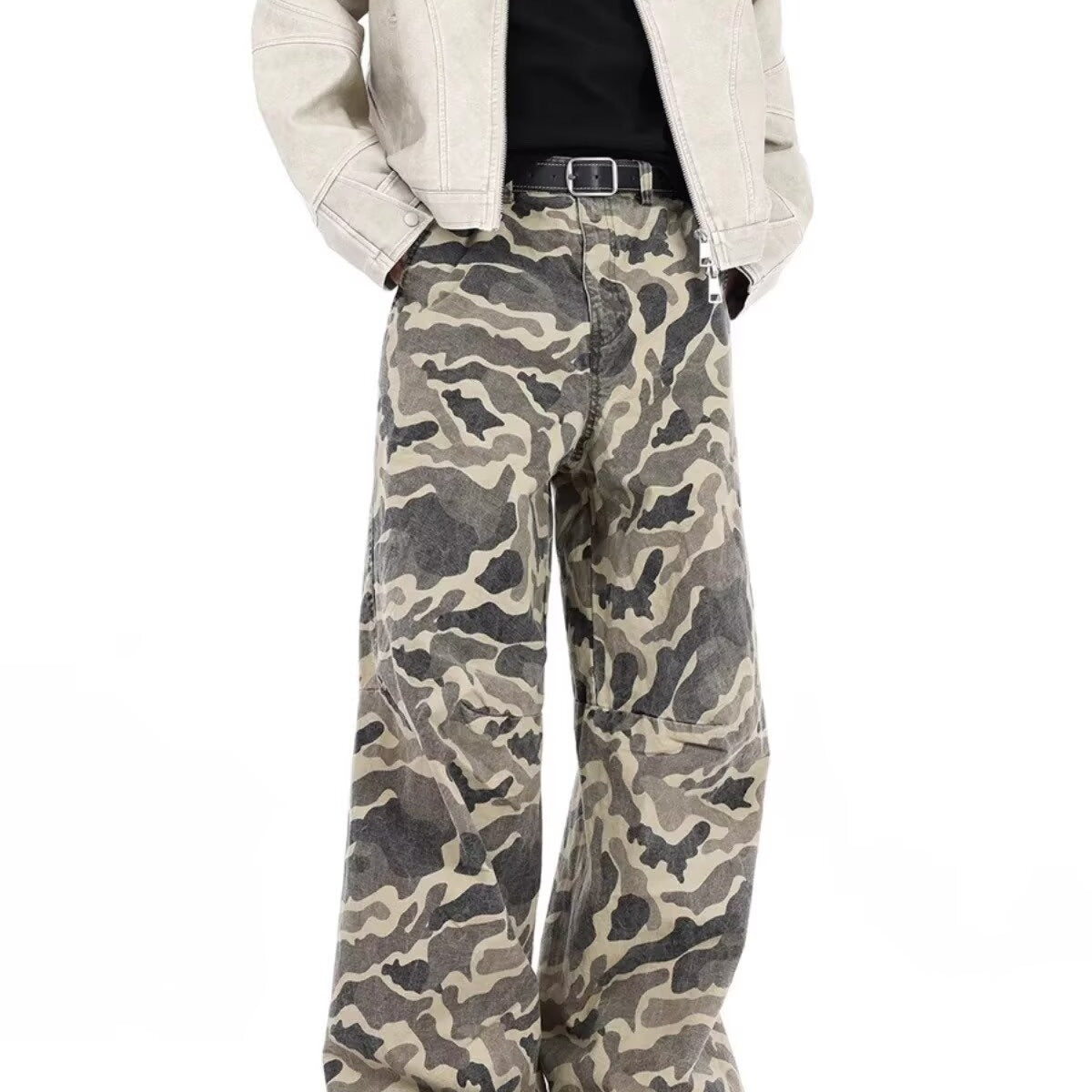 Washed Pleated Camouflage Workwear Jeans