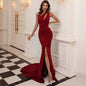 Wine Red Annual Meeting Dress Sleeveless One-shoulder Solid Color Small Tail