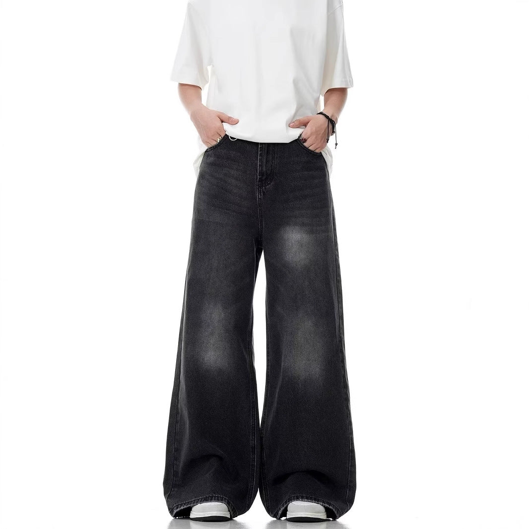 Washed Distressed Straight Loose Retro Black Jeans