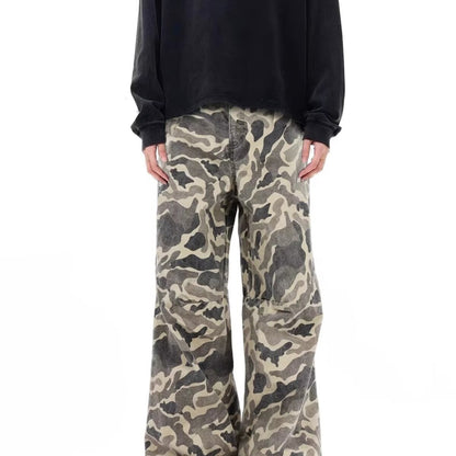 Washed Pleated Camouflage Workwear Jeans