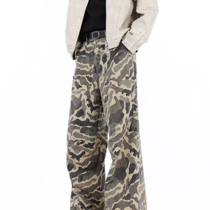 Washed Pleated Camouflage Workwear Jeans